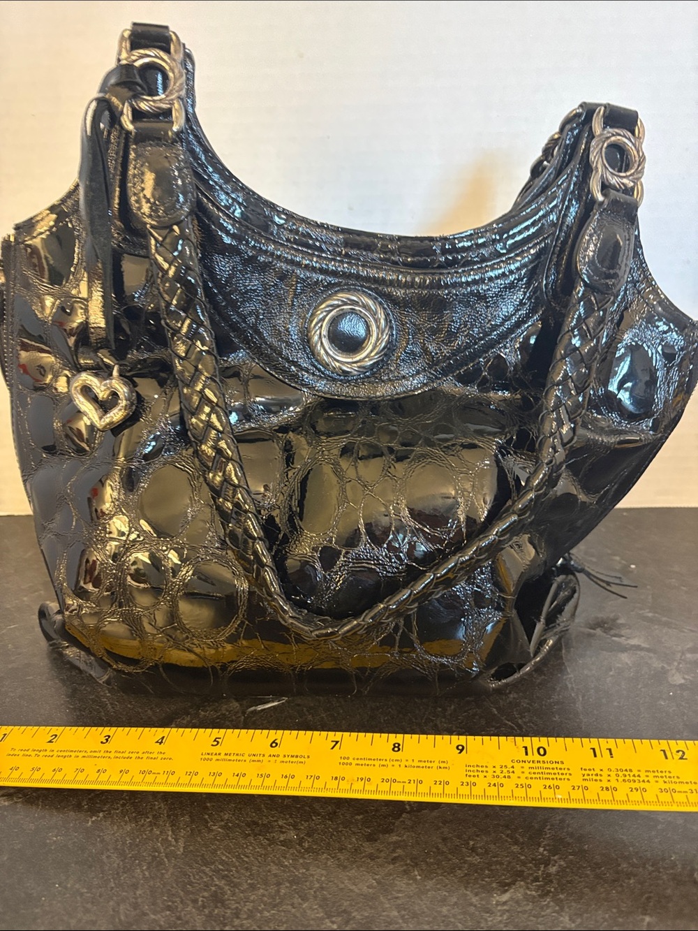 Brighton Black Patent Croc-Embossed Shoulder Bag with Heart Charm